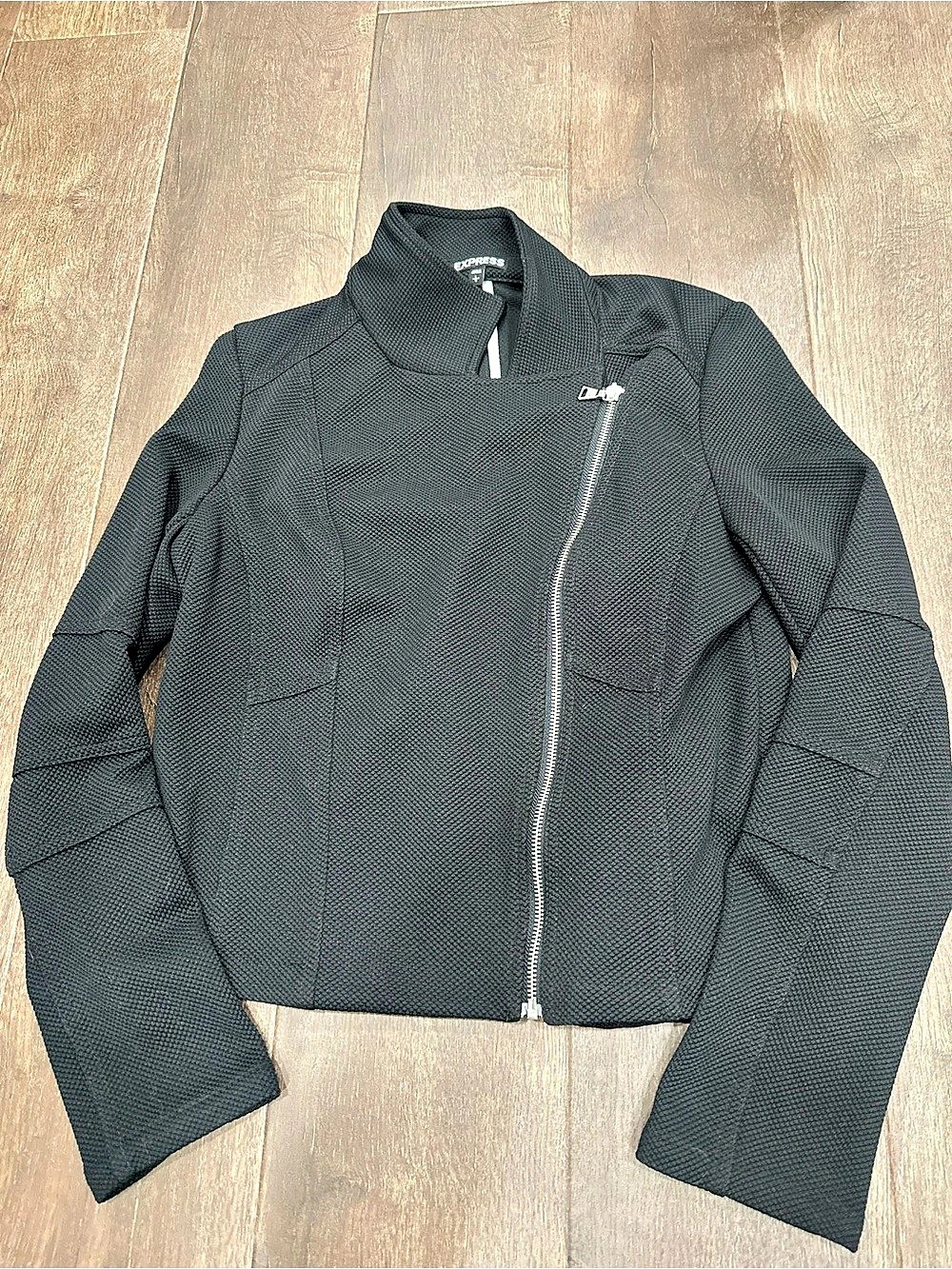 Express Textured Knit Asymmetric Zip Moto Jacket Black Large